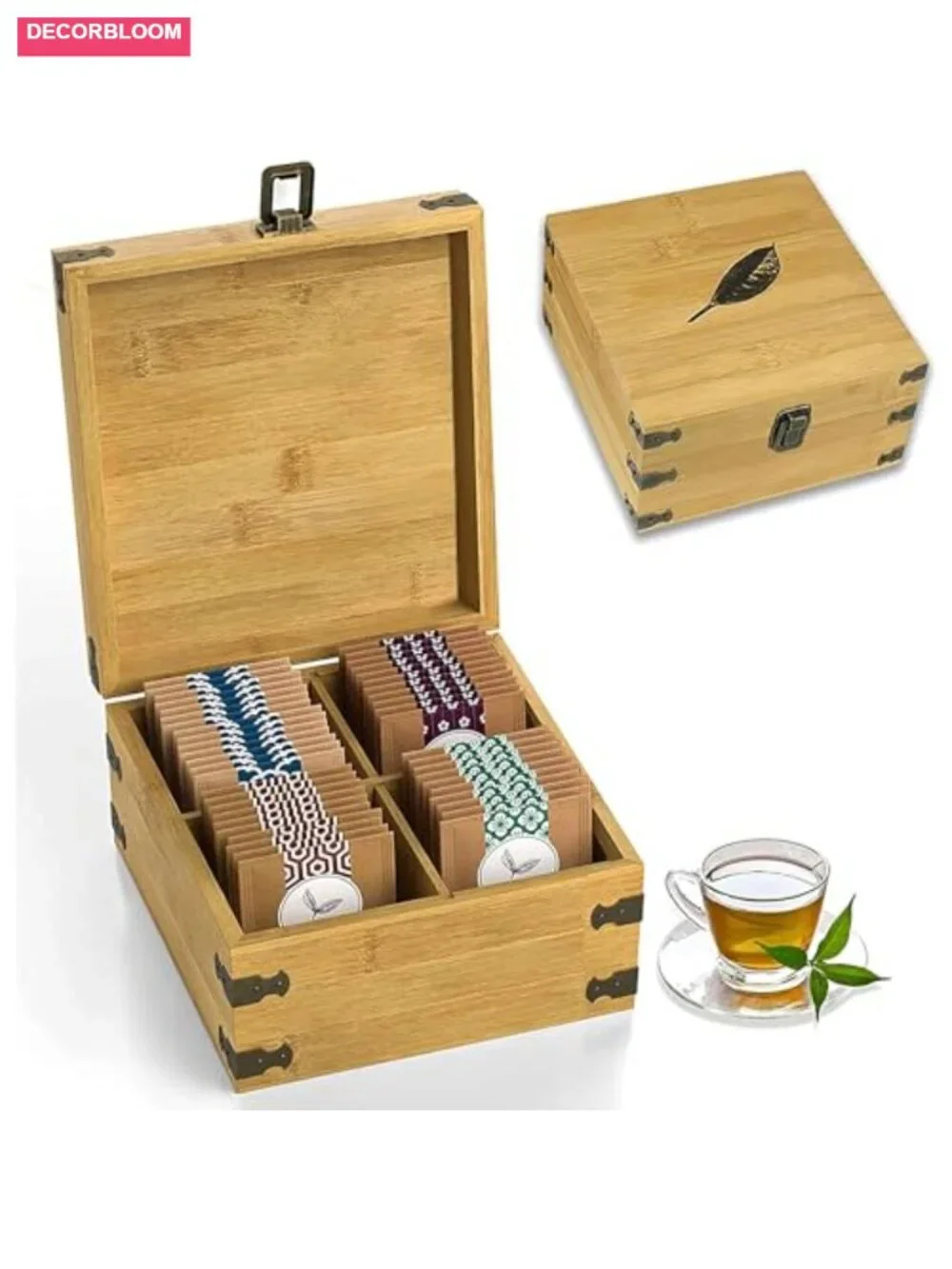 Bamboo Tea Organizer Box Eco-Friendly Adjustable Cubbies Natural Wooden Storage